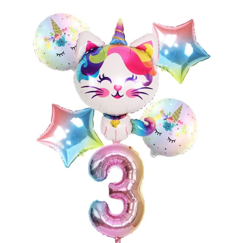 6pcs Rainbow Unicorn Cat Foil balloon 32inch Gradient color Number ballon Birthday Wedding Party Decoration supplies Baby Shower | Дом и сад