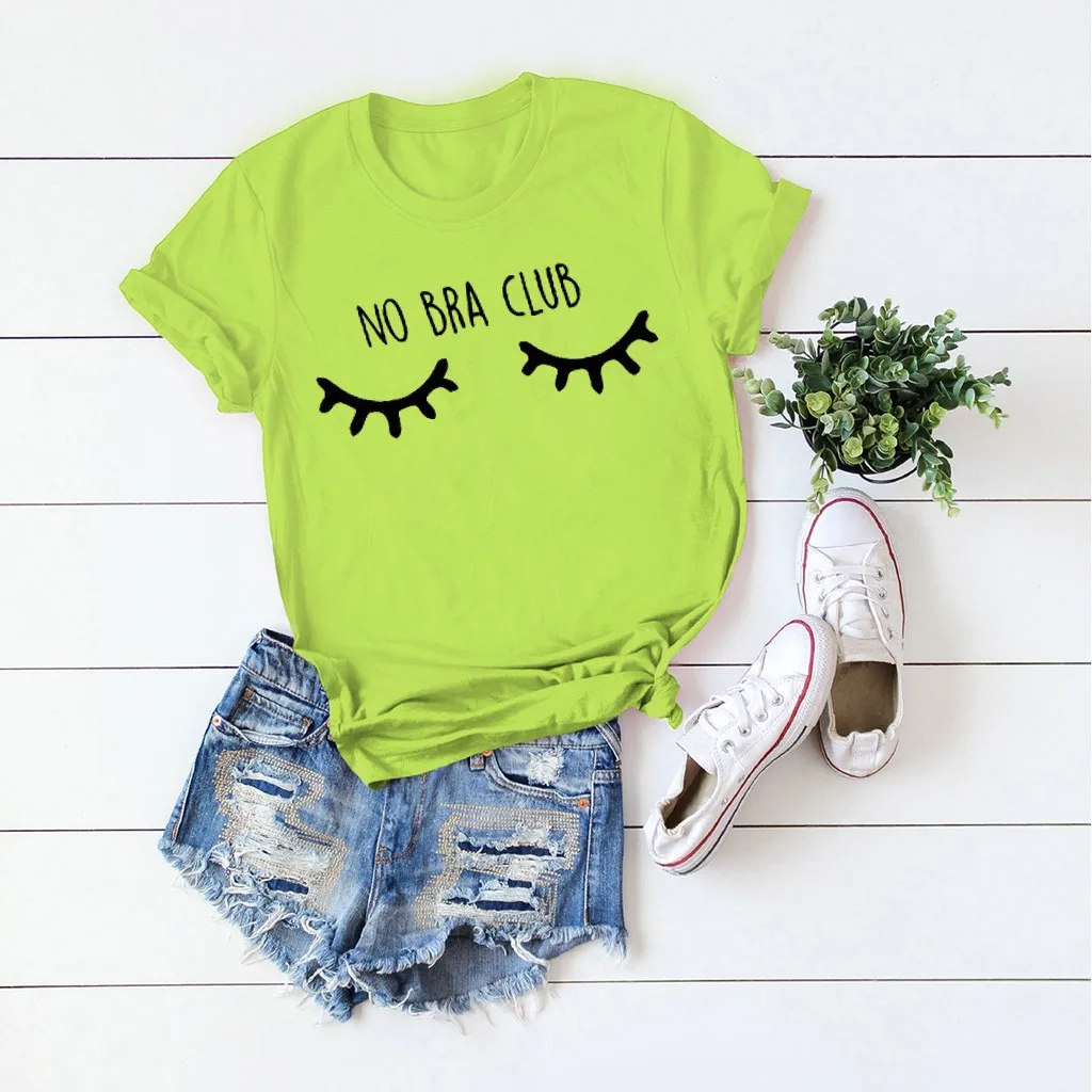 No Bra Club Letter Print T-shirt Women Multicolor Large Size Loose Fashion Tops Summer Casual Short Sleeved T Shirt Wild | Женская