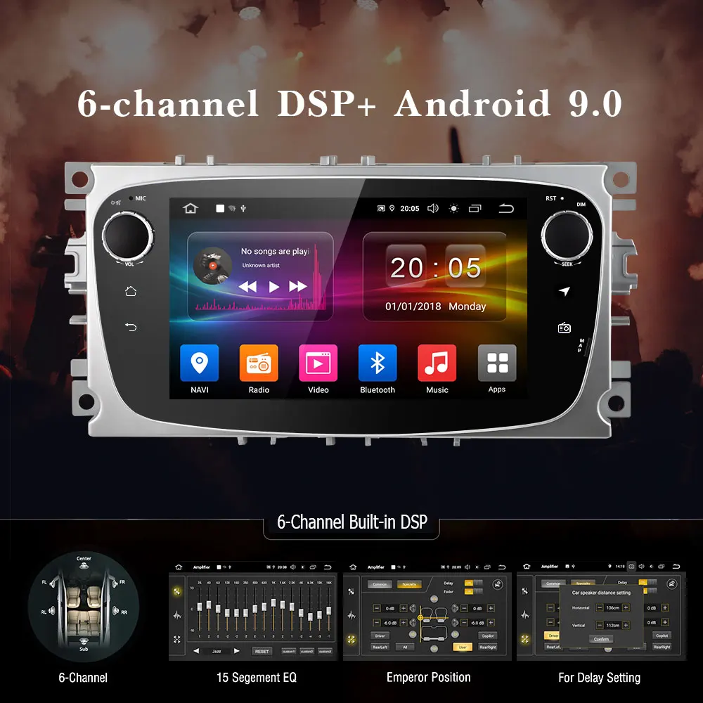 Podofo 2 Din Android 9 0 автомобильный радиоприемник gps 7 дюймов 6 DSP мультимедиа для Ford Focus