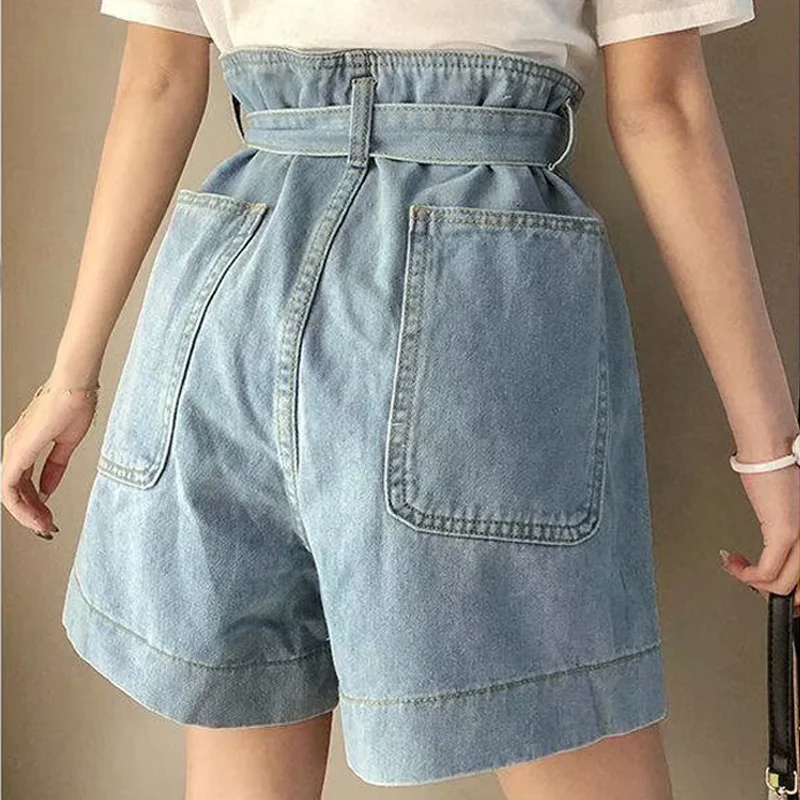 

PEONFLY Women Denim Shorts 2021 Summer Fashionable Big Pocket Belt High Waist Jeans Shorts Female Loose Wide Leg Short Pants