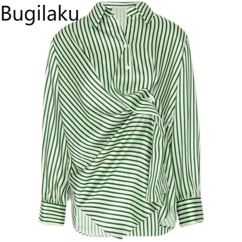 

Bugilaku Autumn New Striped Shirt Women Turn Down Collar Long Sleeve Loose Blouse Single Breasted Korean Faashion Ladies Tops