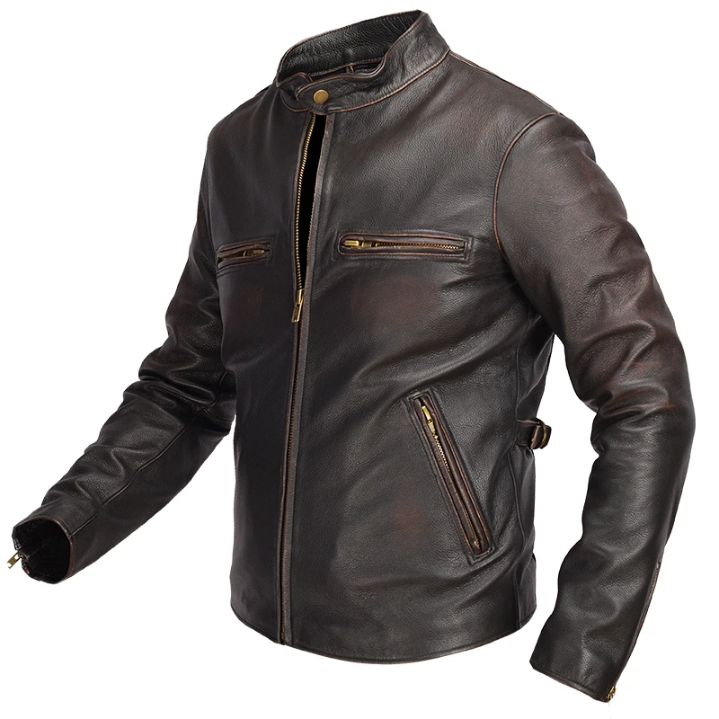 

Vintage Brown 2020 Men Slim Fit Biker's Leather Jacket Large Size 6XL Genuine Cowhide American Motorcycle Coat FREE SHIPPING