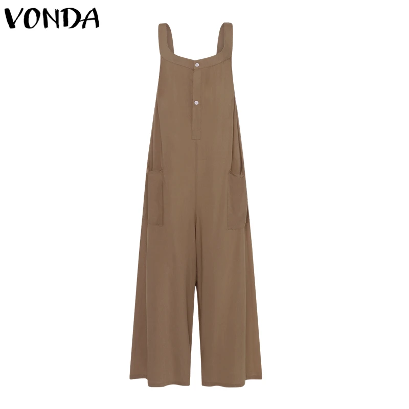 

Plus Size Sleeveless Office Overalls VONDA 2021 Summer Women Jumpsuits Casual Loose O Neck Rompers With Pockets Long Playsuits