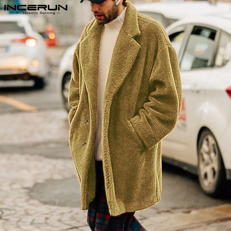 INCERUN, Зимние Модные мужские куртки, пальто из искусственного флиса на пуговицах, длинное пальто с длинным рукавом из искусственного меха, теплая пушистая мужская верхняя одежда