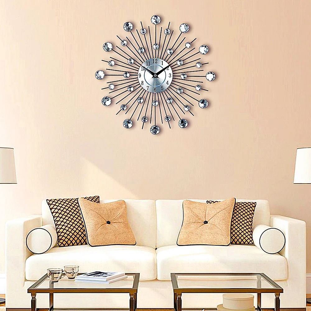 

33cm Vintage Metal Crystal Sunburst Wall Clock Da Parete Clock Design Home Decor Luxury Diamond 3D Large Morden Wall Clock