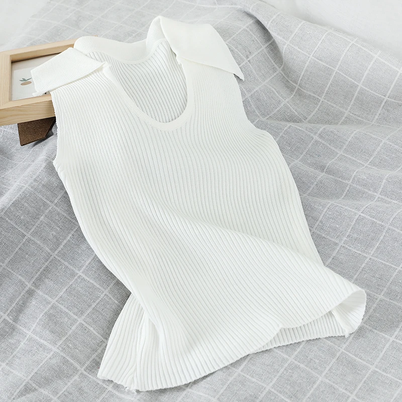 

Women Lapel V Neck Knitted Tank Sweater Top 2021 Spring Summer Fashion New Solid Color Sleeveless Slim Short Vest Chic Pull Femm