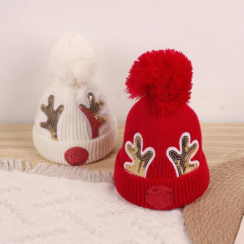 

Autumn Winter Baby Hat Christmas Antlers Sequins Kids Girl Boy Beanie Cap Pompom Crochet Warm Children Toddler Bonnet Hat