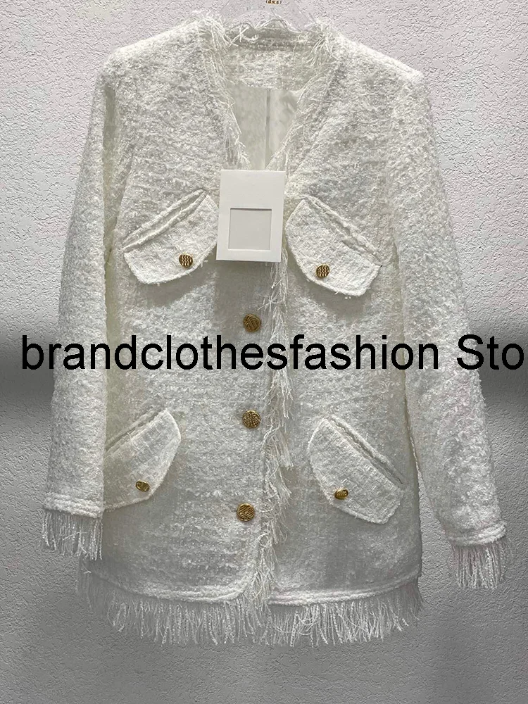

2021 New Autumn Pink Fashion Long Tweed Jacket Women Top Quality Tassel Coat V-Neck Four-Pockets Party Casual Outerwear Lady