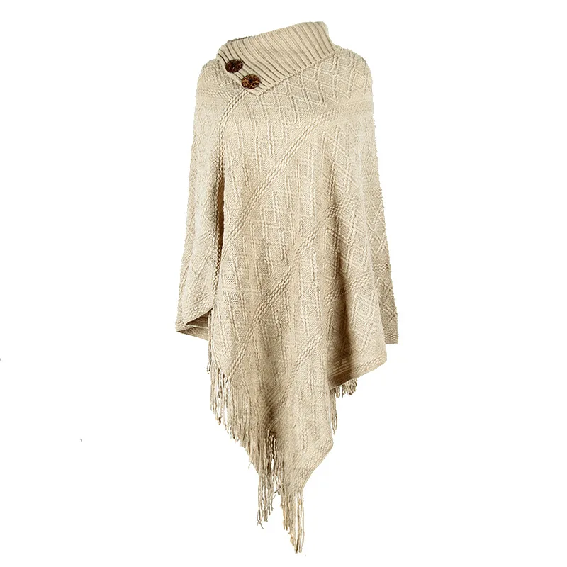 

Autumn and winter fringed cloak shawl button half-open collar pullover diamond plaid ladies sweater