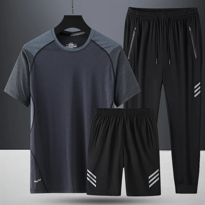 

2021 summer new ice silk leisure sports suit men's short sleeve trousers Capris three piece outdoor fashion