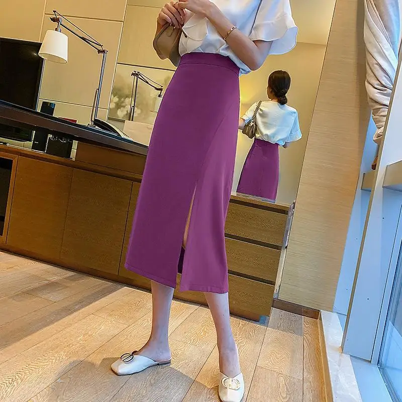 

Female 2021 Spring Summer Wild Women High Waist Side Slit A-line Skirt Korean Solid Mid-calf Chiffon Skirts Office Lady Y831