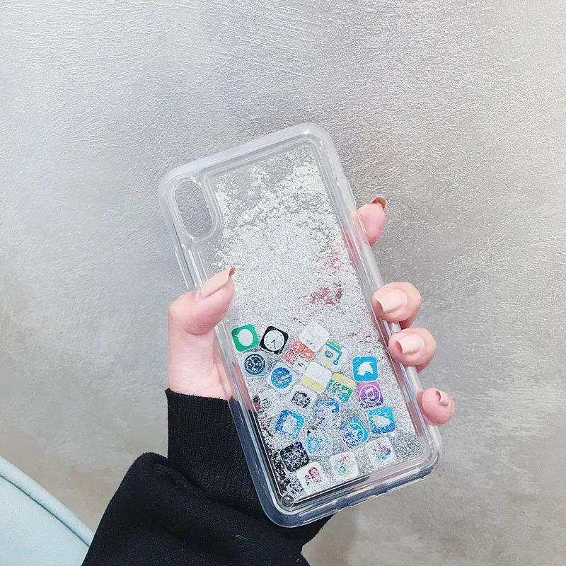 

Liquid Glitter Quicksand Silicone Soft Tpu Case for IPhone 11 Pro Max Cute App icon Coque Water Cover for Xs Max Xr X 6 7 8 Plus