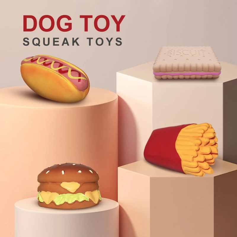 

Non-toxic Latex Dogs Toy Hamburger Chips Ham Bread Biscuits Squeak Pet Molar Toys Interactive Tooth Cleaning Pets Accessories