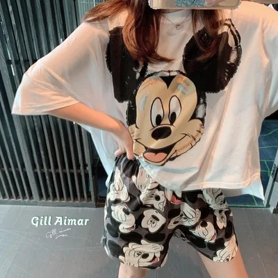 Летняя одежда для сна Disney Хлопковая пижама женская домашняя с мультяшным Микки