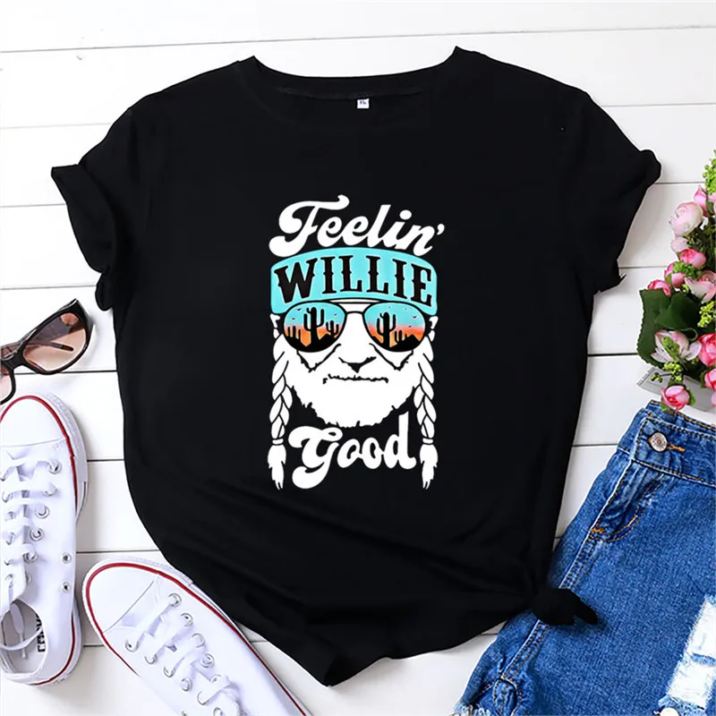 

Feelin Willie Good Print Women T-shirt Summer Plus Size Short Sleeve Cute Cactus Glasses Human Funny Graphic T Shirt Fashion Tee