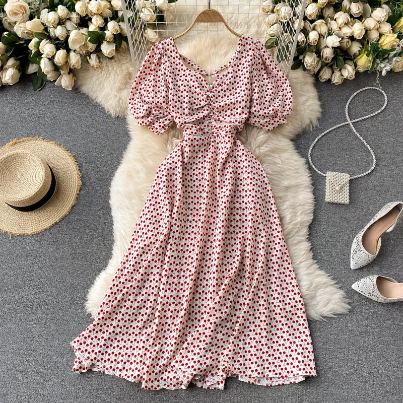 

Women French Elegant Dress 2021 New Summer Vintage Dot Print Puff Sleeve Pleated V-neck Chiffon Dresses Ladies Retro Long Robe