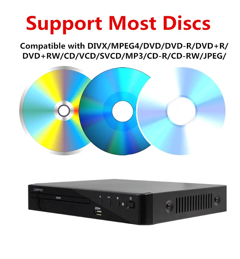 LONPOO новейший dvd-плеер портативный USB 2,0 dvd-плеер мультимедийный цифровой DVD ТВ Поддержка HDMI Функция Черный
