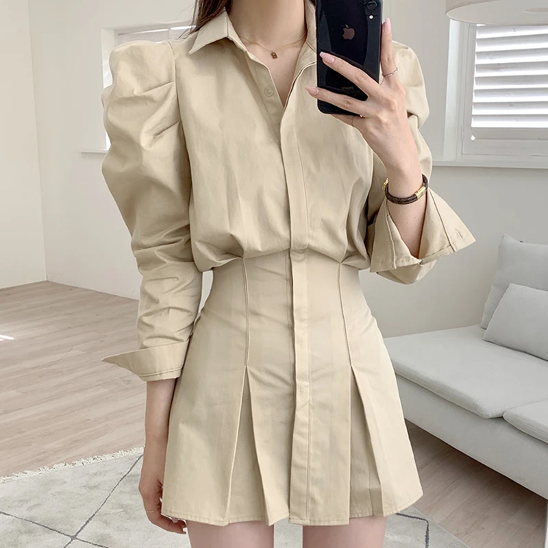 

Women Mini Shirt Dresses Elegant Turn Down Collar Single Breasted Slim Folds Korean Style High Waist Ladies One-piece Dress