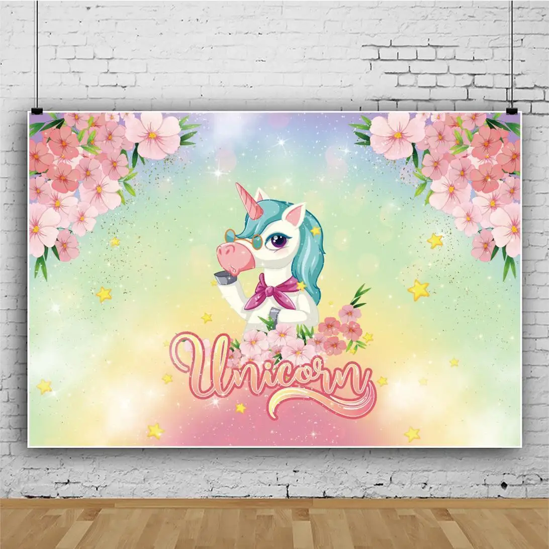 

Baby 1st Birthday Unicorn Party Backdrops Photography Glitter Rainbow Flowers Photocall Poster Family Shoot Photo Backgrounds