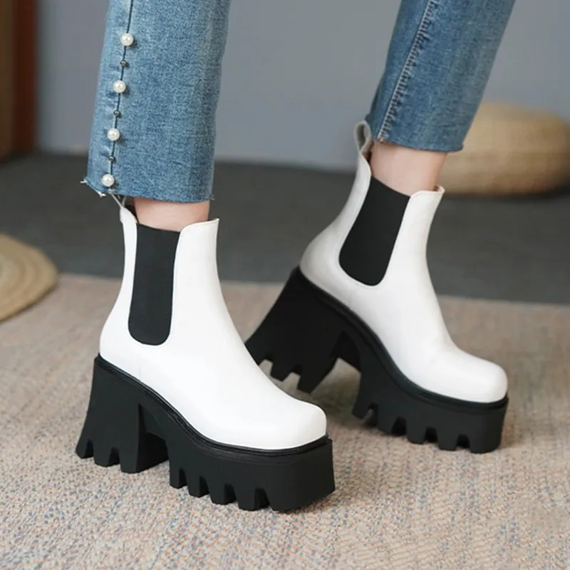 

Женские ботинки на платформе, повседневные ботинки с квадратным носком, на массивном высоком каблуке, без шнуровки, 2021