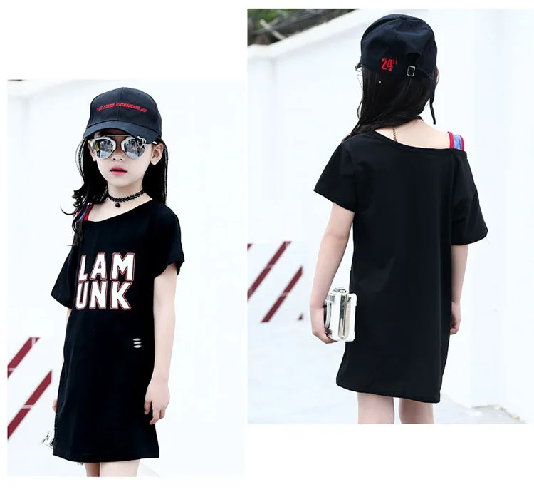 

summer girl show shoulder T-Shirt fashion letter print mini shirt dress teens girls casual long tops tees Children t shirt