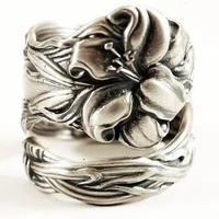 retro handmade silver plated big flower adjustable rings punk gothic wide finger rings for women men nightclub party jewelry