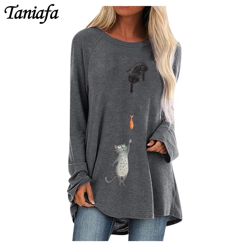 

Autumn and Winter Fashion Women Casual Round Neck Long Sleeved Plus Size T-Shirt Loose Printed Solid Color Blouse