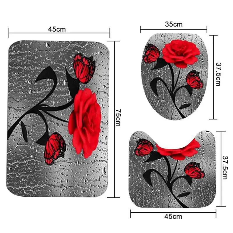 

3D Butterfly Flower Fabric Shower Curtain Waterproof Bathroom Curtains Set Blue Rose Non-Slip Rug Toilet Lid Cover and Bath Mat