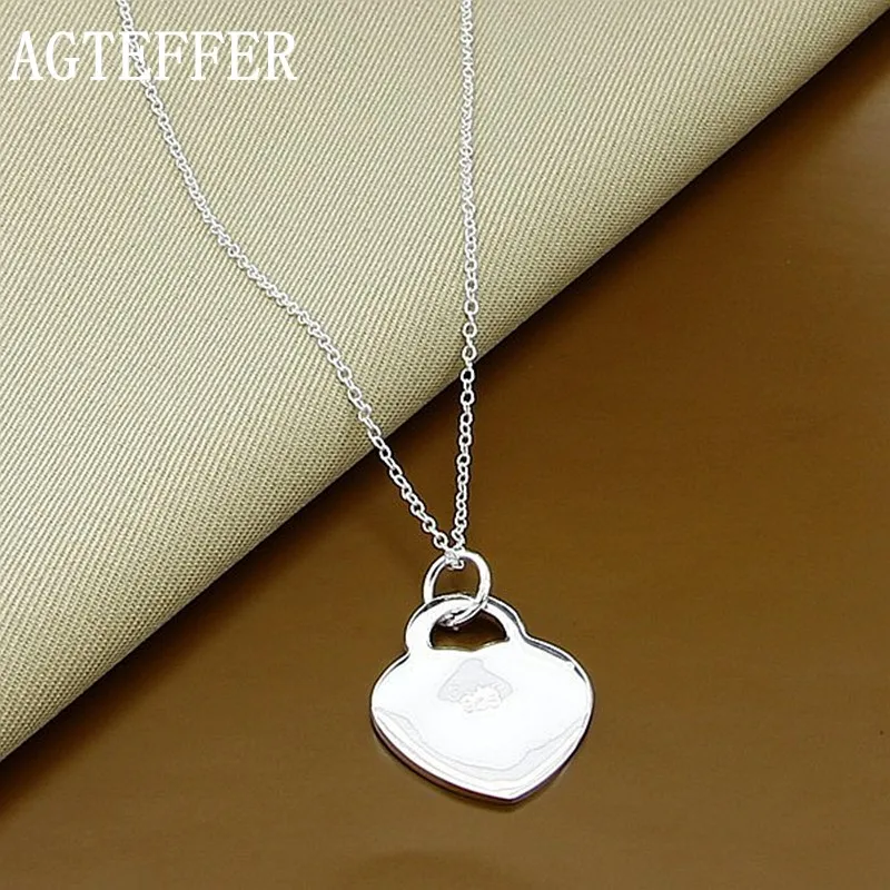 

AGTEFFER 925 Sterling Silver 18 Inch Chain Heart Tag Pendant Necklace For Women Wedding Engagement Party Fashion Charm Jewelry