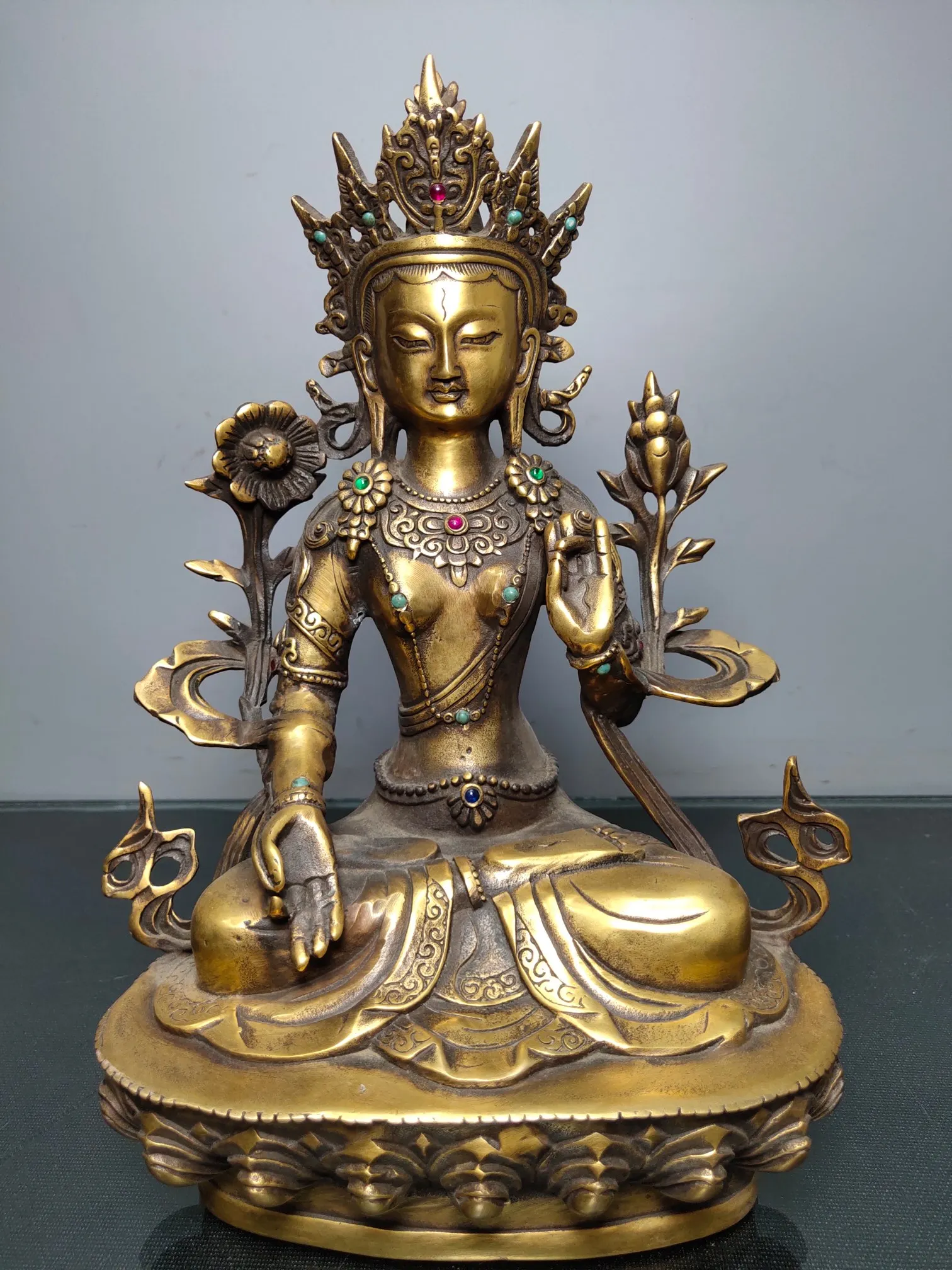 

11"Chinese temple collection Old Bronze mosaic Gem Cinnabar Seven Eyes Tara White Tara Tibetan Buddha Sitting Buddha