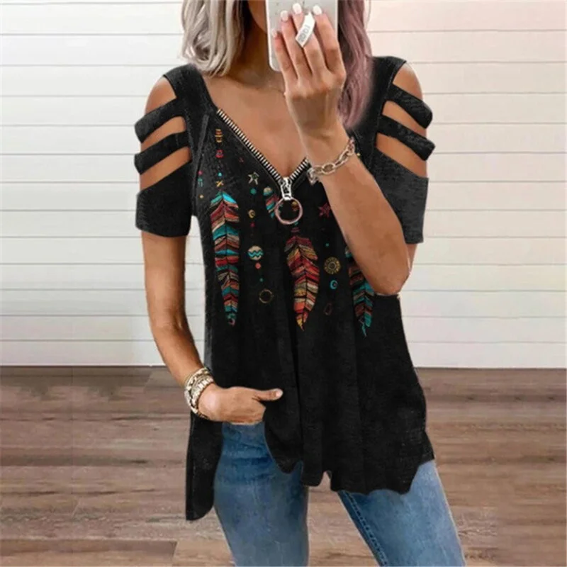 

2021 Summer Women's V-neck Zipper Pullover Printed Short Sleeve Loose T-shirt Women's Top t shirt