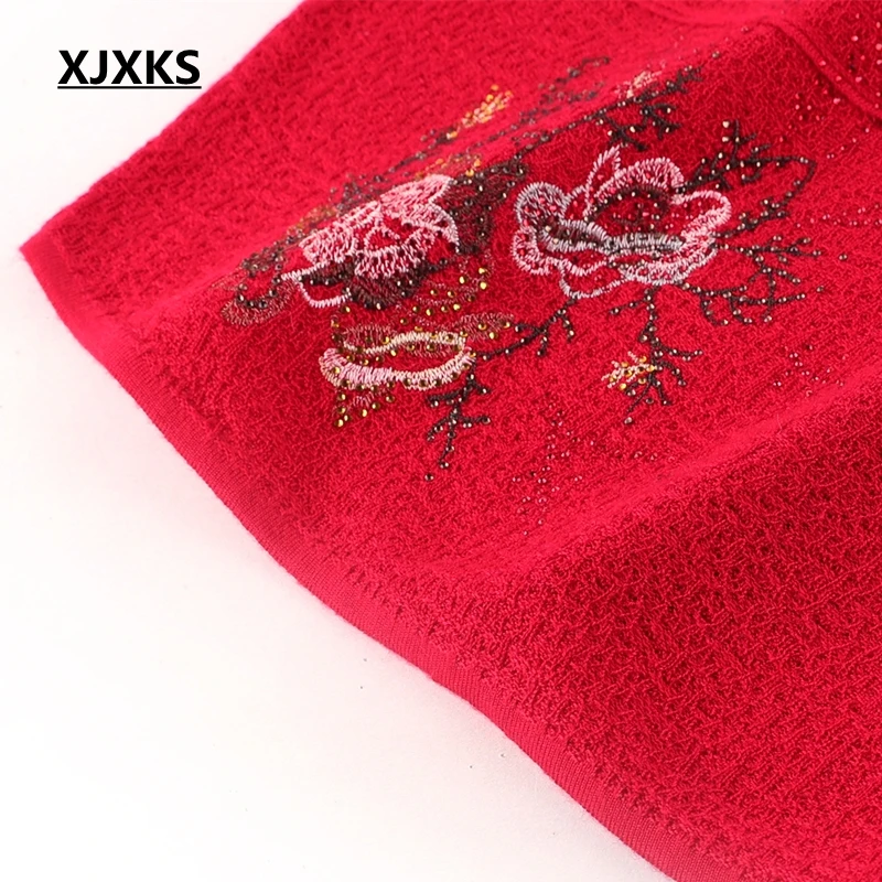 XJXKS Новый 2020 Весенний семибалльной рукава Перемычка Knit Красный Emboridery свитер