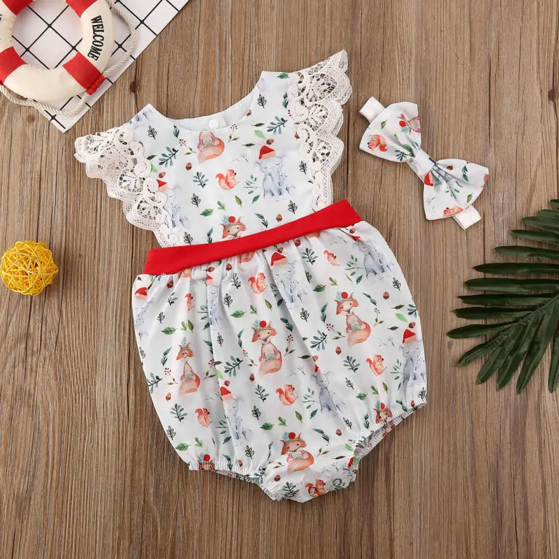 

Emmababy Christmas Baby Girls Outfit Jumpsuit Animals Romper+Bowknnot Headband Clothes