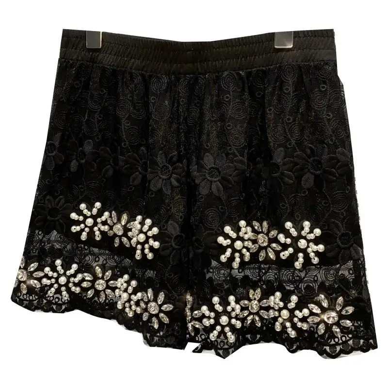 

2021 Summer Women Alce Shorts New Hand Nailed Bead Rhinestone Organza Crochet Lace Elastic Waist Shorts