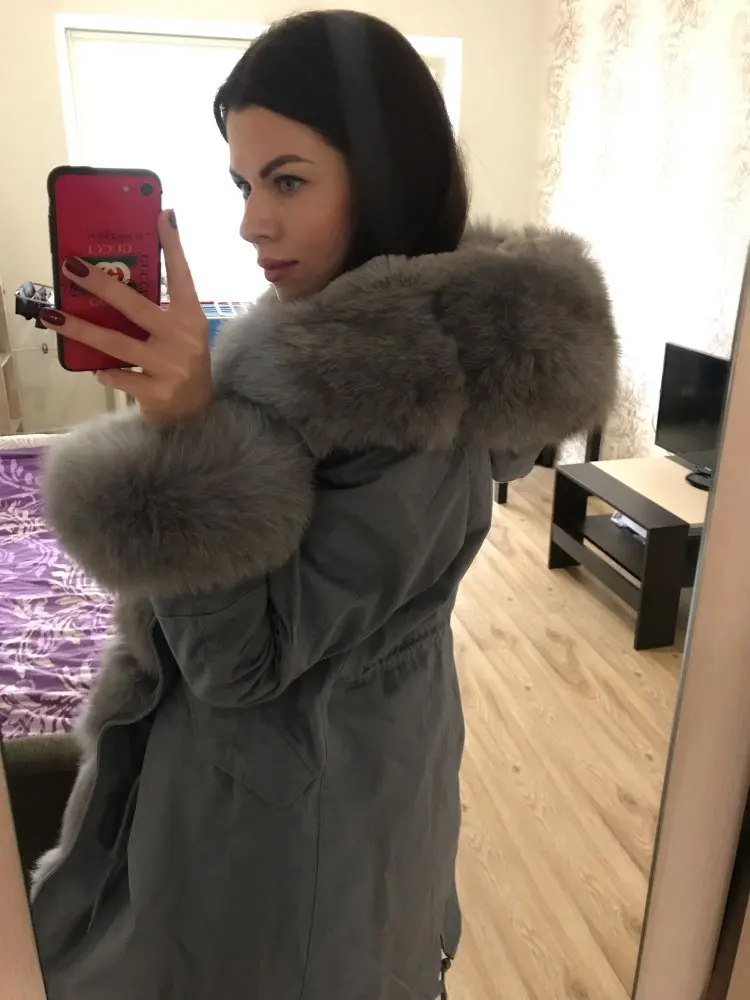 Maomaokong серый натуральный Лисий мех пальто Женская мода натуральный мех пальто длинные парки Зимняя черная парка