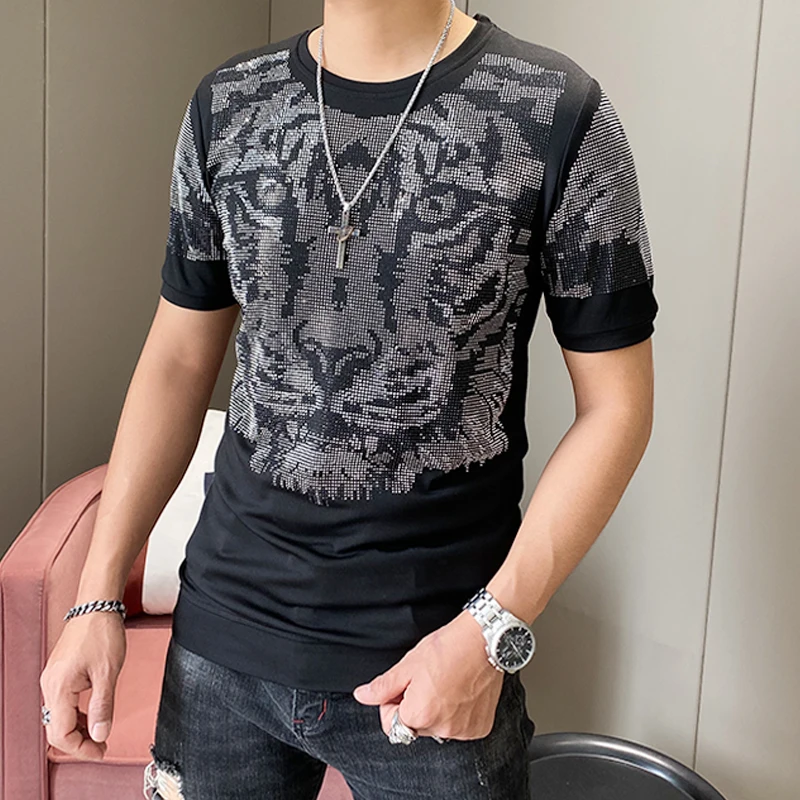 Высококачественная Мужская футболка с алмазной головой тигра летняя модная