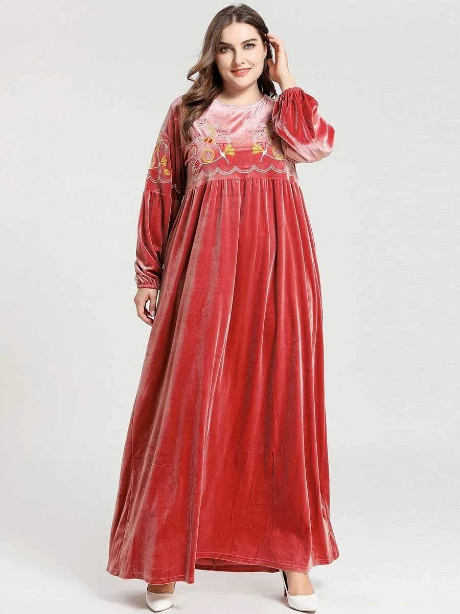 

Elegant Botanical Embroidery Women Maxi Dress Long Sleeve Pleated Swing Velvet Plus Size Dress Pink Casual Arab Muslim Clothes