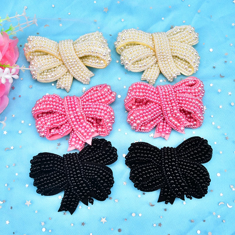 2Pcs Pearl Bows Knot Patches Bling Flatback Cute Appliques Sew On Clothes Diy Decoration Wedding Dress Crafts Hair Accessories