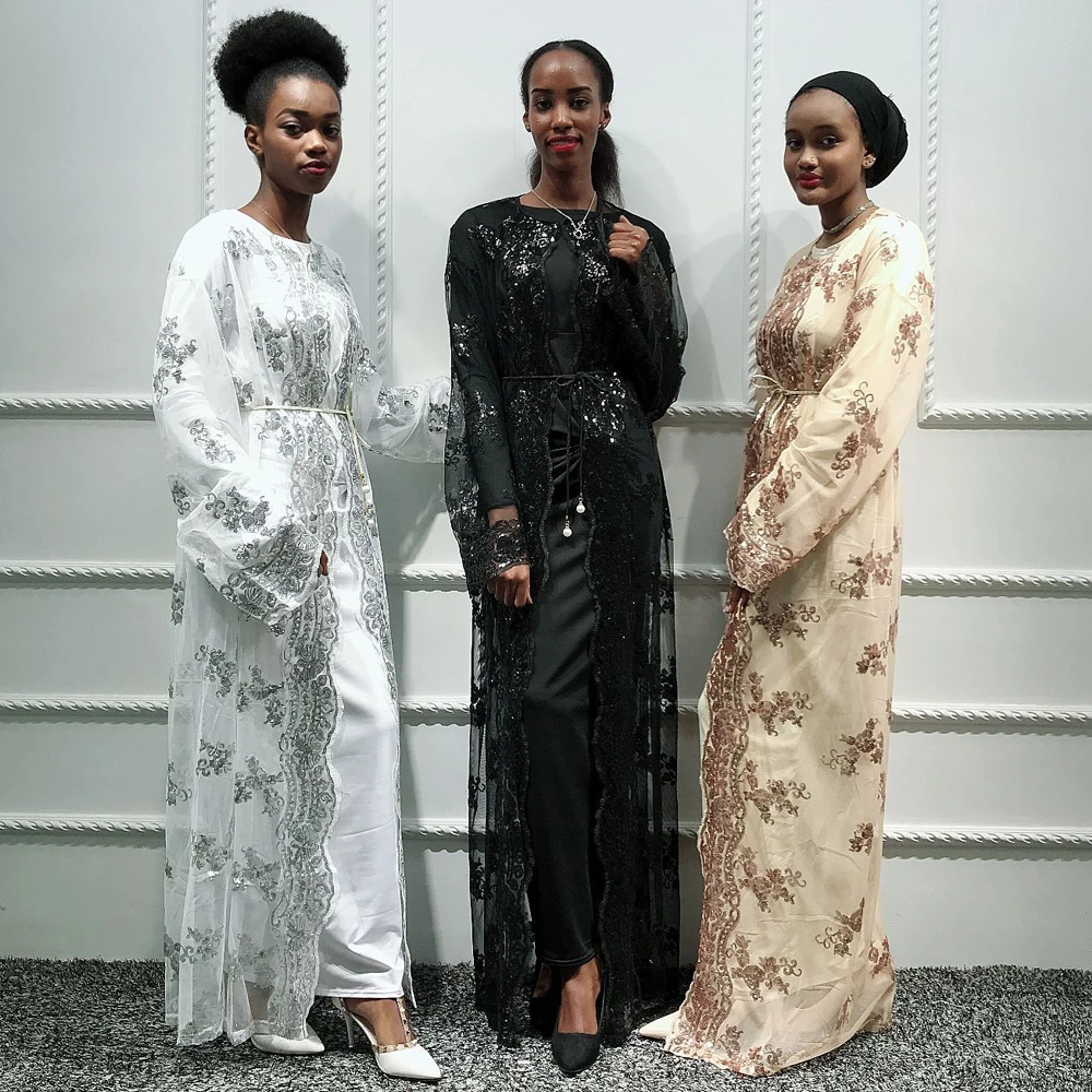Женское кружевное кимоно Abaya украшенное блестками с открытым передом шикарное