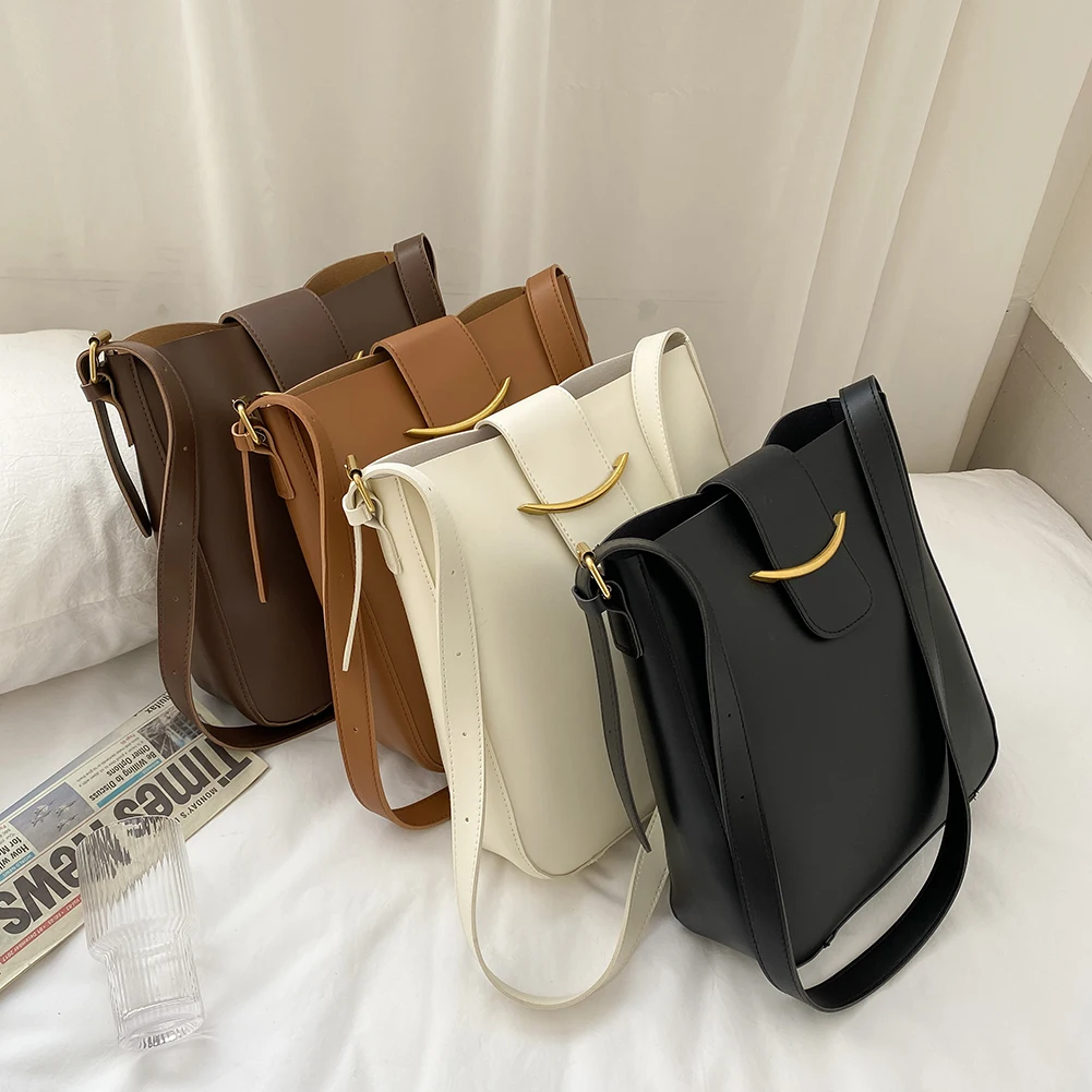 

Fashion Women PU Leather Shoulder Bag Solid Color Vintage Large Capacity Bucket Messenger Bag