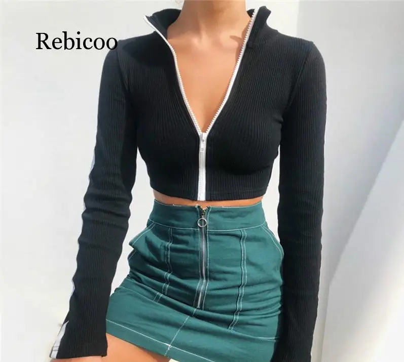 

Women's Autumn Solid Zipper Crop Top Knit Stand Collar Casual Loose Long Sleeve T-Shirt