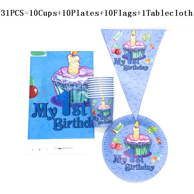 

61Pcs/31Pcs Disney My First Birthday Kids Favor Tableware Boy Girl Birthday Plates Cups Flag/Banner Table Cover Decorations