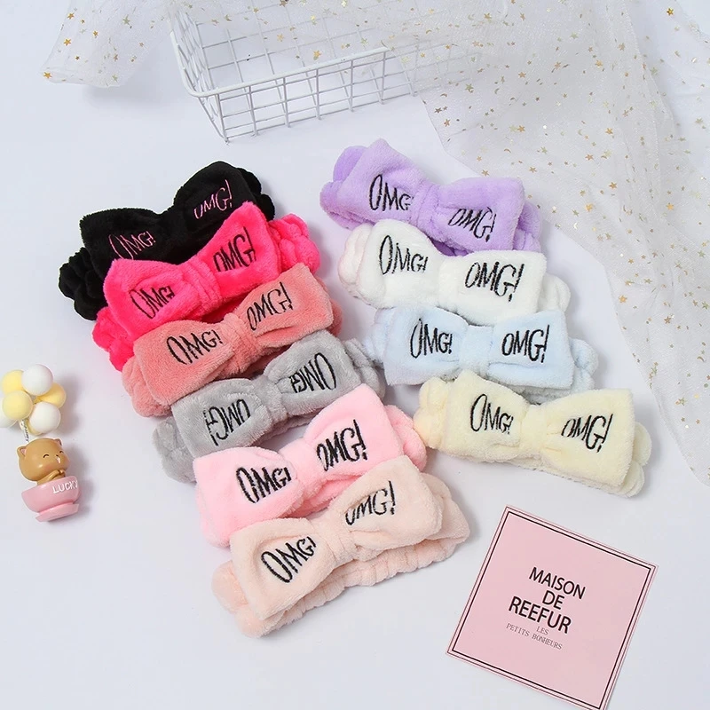 

2021 New OMG Letter Bow Headband Women Head Wrap Soft Coral Fleece Makeup Washing Face Turban Hairband Hair Turban Accessories