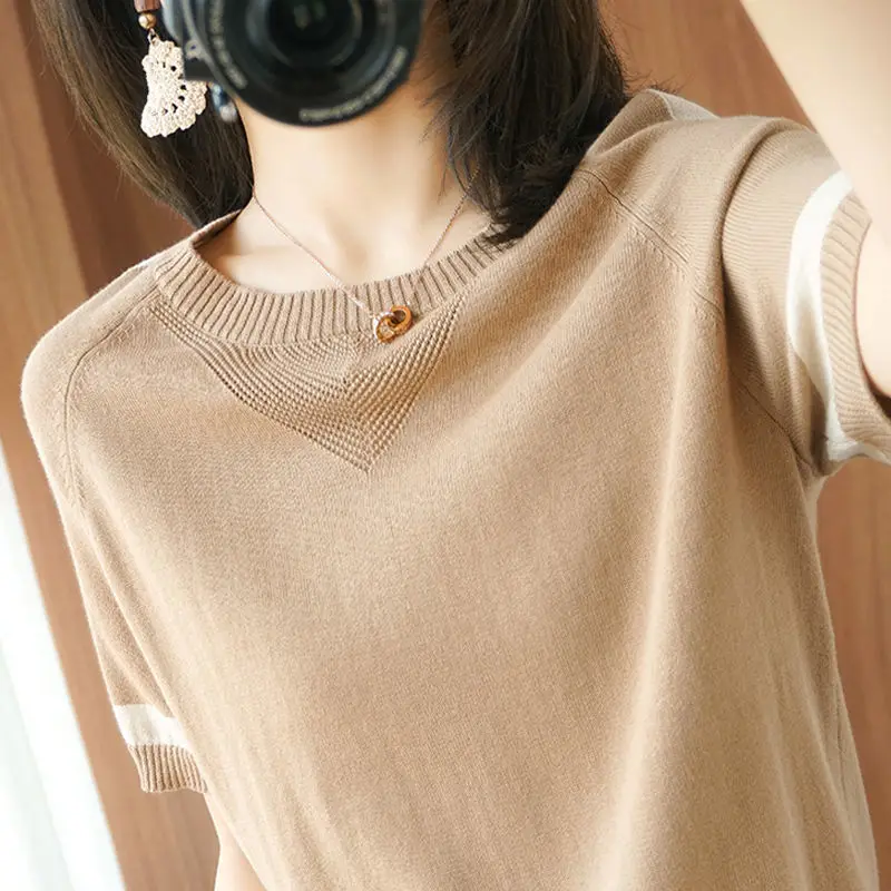 Женский трикотажный пуловер в полоску тонкая свободная хлопковая Футболка