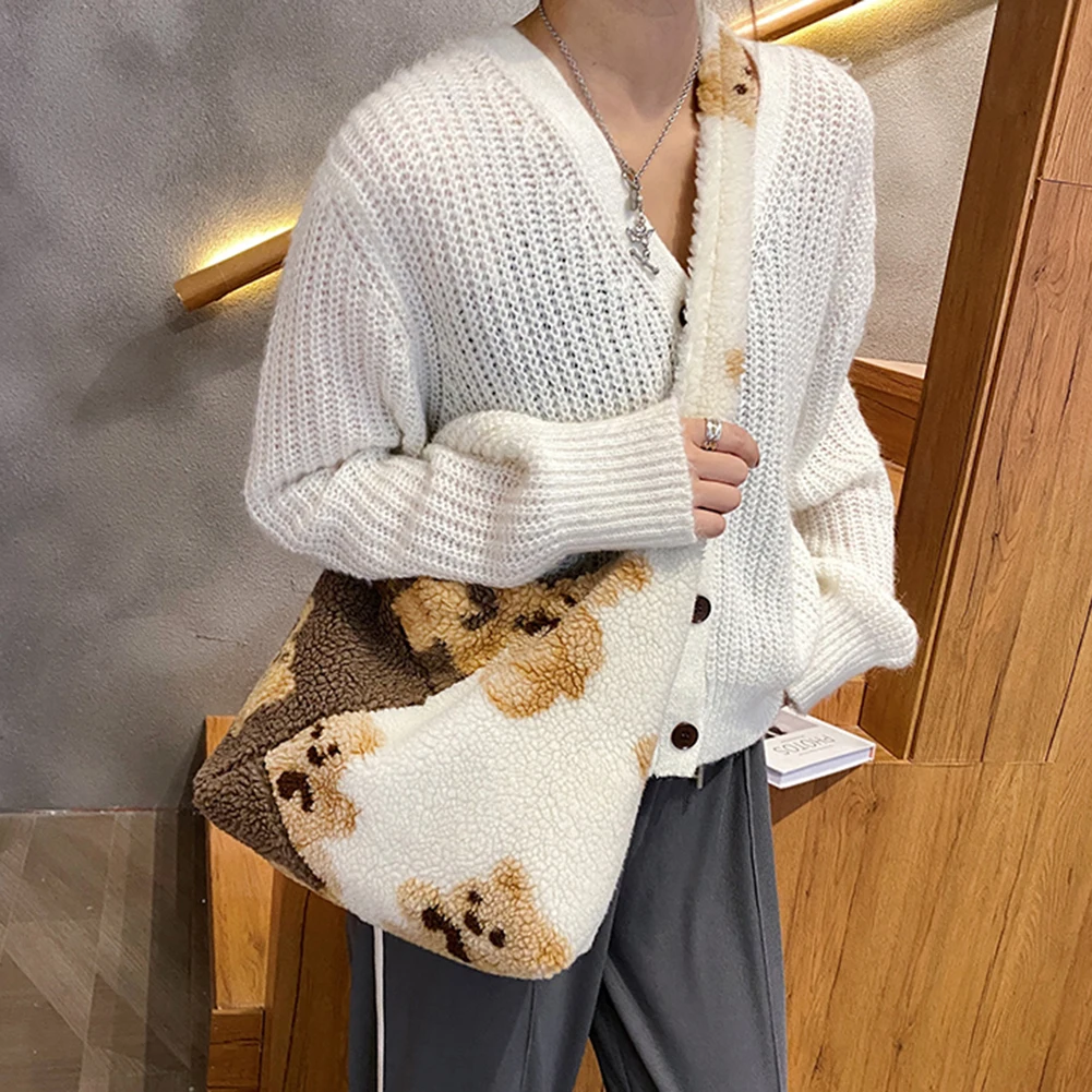 

Women Fashion Bear Print Hit Color Shoulder Bag Female Casual Autumn Winter Plush Small Crossbody Bags Female Fluffy Tote Bags