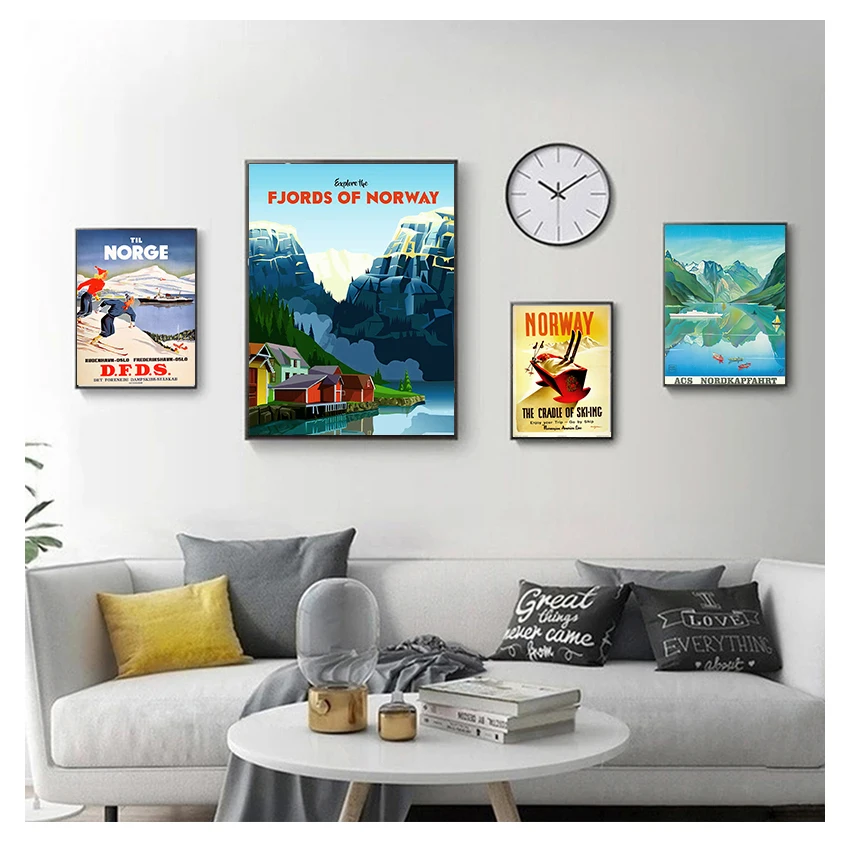 

Vintage Retro Travel Classic Canvas Paintings Kraft Posters Wall Stickers Home Decor Family Gift Ski in Norway Norge Fjords Map