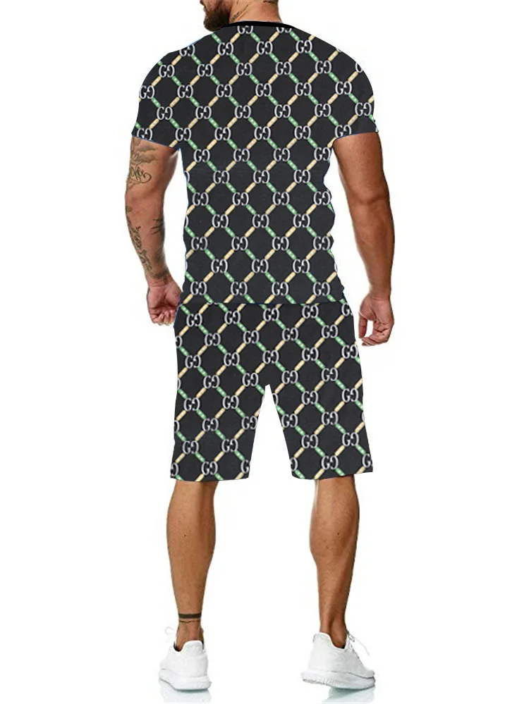 

Summer New Men Tracksuit Casual Sports Black Set Solid Color Plaid Short Sleeved Shorts Sets Mens Fashion 2 Piece Sportswear