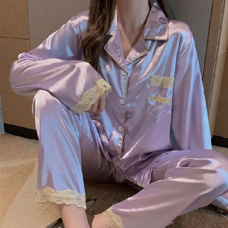 Women's Pajamas Sets Spring/autumn Long-sleeved Ice Silk Thin Lace Cardigan Trousers Home Service Clothes pyjama pour femme