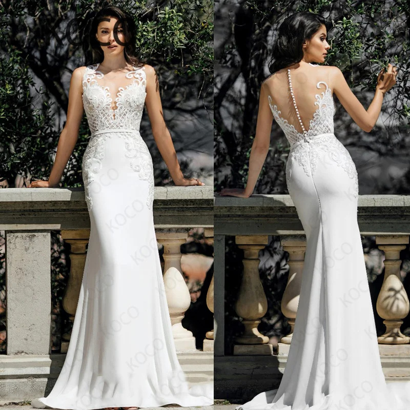 

MACDUGAL Wedding Dress 2021 Simple Floral Lace Beach Bride Mermaid Gown Elegant V Neck Zipper Vestido De Novia Civil Women Skirt