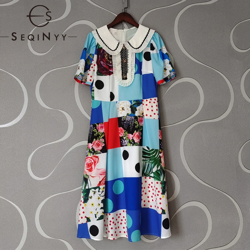 

Женское летнее платье с цветочным принтом SEQINYY, новое модное дизайнерское лоскутное элегантное клетчатое платье до колена с оборками в стил...
